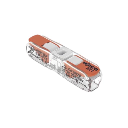 [WAGO_221-2401] WAGO Conect. p. instal. en línea con palancas; para cualquier tipo de conductor; máx. 4mm²; 2 conductores; Carcasa transparente; Color tapa blanco; Temperatura ambiente máxima 85°C (T85); 4,00 mm²; transparente