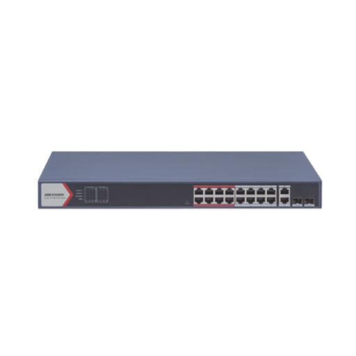 [HIKVISIONDIGITALTECHNOLOGY_DS-3E1318P-EI(B)] Hikvision Digital Technology Switch Monitoreable PoE+ / 16 puertos 100 Mbps PoE+ / 2 Puertos 1000 Mbps Uplink + 2 Puertos SFP de Uplink / PoE hasta 300 Metros / Conexión Remota desde Hik-PartnerPro / 230 Watts