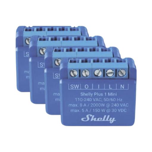 [SHELLY_SHELLYPLUS1MINIK4] SHELLY KIT 4 piezas Mini Interruptor inteligente con Wi-Fi, contacto seco, 1 canal 8A, compatible con asistentes de voz Alexa y GoogleHome