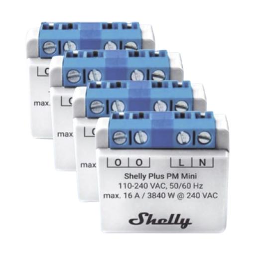[SHELLY_SHELLYPLUSPMMINIK4] SHELLY KIT 4 piezas El medidor de potencia más pequeño,  inteligente con Wi-Fi, medición de consumo, 1 canal 16A,