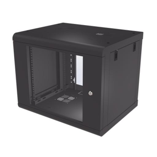 [LINKEDPRO_SR-1909-LH2G] Linkedpro Gabinete de Pared de 9U con Puerta de Cristal Templado, 479.5 mm de Profundidad, Rack de 19'', Acero Reforzado Color Negro.