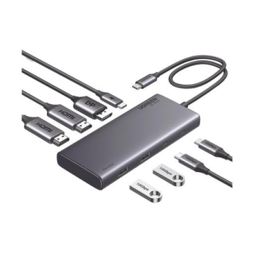 [UGREEN_35625] Ugreen HUB USB-C (Docking Revodok 308) 8 en 1 | 2 Puertos HDMI 4K@60Hz | 1 Puerto DisplayPort 4K@60Hz 2 USB-A 10Gbps) | 2 USB-C (10Gbps) | USB-C PD Carga 100W | Chip de Ultima Generacion | Carcasa de Aluminio.