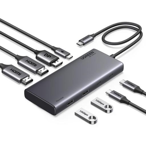 [UGREEN_35625] Ugreen HUB USB-C (Docking Revodok 308) 8 en 1 | 2 Puertos HDMI 4K@60Hz | 1 Puerto DisplayPort 4K@60Hz 2 USB-A 10Gbps) | 2 USB-C (10Gbps) | USB-C PD Carga 100W | Chip de Ultima Generacion | Carcasa de Aluminio.
