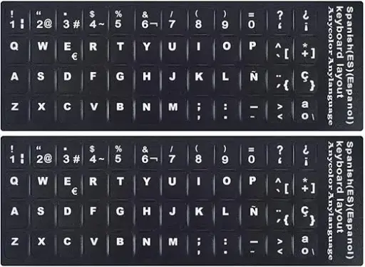 [VARIOS_PEGATINASTECLADO] Pegatinas de teclado español (2 unidades), etiquetas de repuesto para letras de teclado español-inglés con fuente blanca sobre fondo negro, universal para computadora portátil, computadora de computadora, pegatina del alfabeto español mate