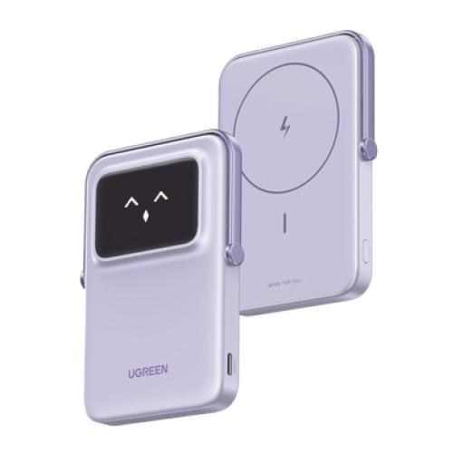 [UGREEN_45328] Ugreen Power Bank Serie UNO Inalambrico | 10000mAh | 7.5W/20W  |  Con Emojis de Estado | Carga Rápida USB-C Bidireccional  | Pantalla TFT  Inteligente | Con Holder | Color Purple.