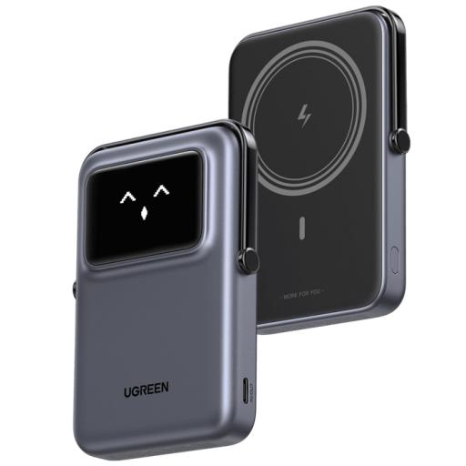 [UGREEN_45327] Ugreen Power Bank Serie UNO Inalambrico | 10000mAh | 7.5W/20W  |  Con Emojis de Estado | Carga Rápida USB-C Bidireccional  | Pantalla TFT  Inteligente | Con Holder | Color Grey.