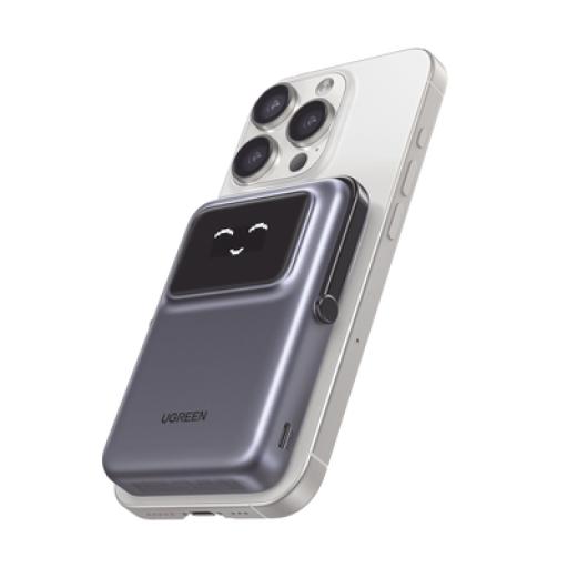[UGREEN_45327] Ugreen Power Bank Serie UNO Inalambrico | 10000mAh | 7.5W/20W  |  Con Emojis de Estado | Carga Rápida USB-C Bidireccional  | Pantalla TFT  Inteligente | Con Holder | Color Grey.
