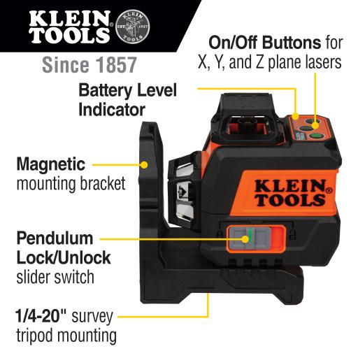 [KLEINTOOLS_93CPLG] Klein Tools Nivel Láser de 3 Planos de Color Verde, de 360º y 30.5 m. de alcance, Compacto con Base Magnética y para Tripoide