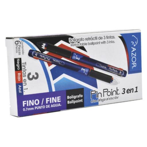 [AZOR_6130CS] Azor Boligrafo Azor Pin Point Retractil 3 en 1 Negro Azul y Rojo Punto Fino 0.7mm Caja C/6