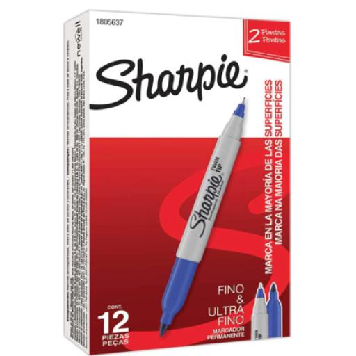 [SHARPIE_1805637] MARCADOR PERMANENTE SHARPIE TWIN DOBLE PUNTA FINO / ULTRA FINO AZUL C/12