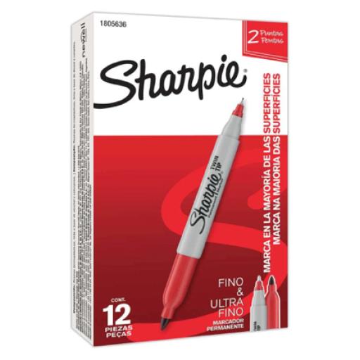 [SHARPIE_1805636] MARCADOR PERMANENTE SHARPIE TWIN DOBLE PUNTA FINO / ULTRA FINO ROJO C/12