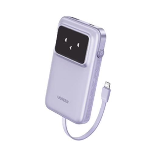 [UGREEN_35604B] Ugreen Power Bank Serie Uno |  10000mAh | 30W |  con Cable USB-C Incorporado | 2 Salidas 30W Max. | Pantalla Inteligente | Carcasa Ignifuga | Aprobado por Aerolíneas.| Color Purple.
