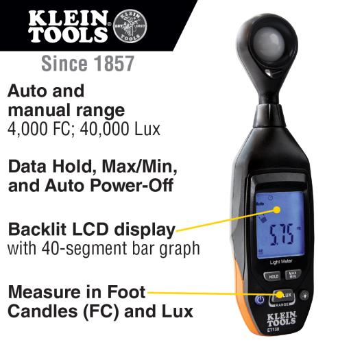 [KLEINTOOLS_ET130] Klein Tools Medidor Digital de Luz de Rango Automático y Manual: 4000 fc; 40000 lux.