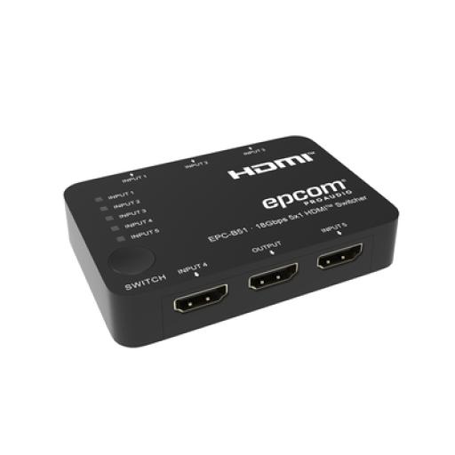 [EPCOM_EPC-B51] Epcom Switch HDMI 5x1 | 18Gbps | 4K@60Hz | YCbCr 4:4:4 | HDR, Dolby Vision y HLG | Soporte 3D | Conmutación Automática y Manual | Diseño Compacto