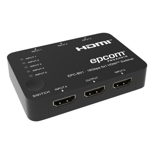 [EPCOM_EPC-B51] Epcom Switch HDMI 5x1 | 18Gbps | 4K@60Hz | YCbCr 4:4:4 | HDR, Dolby Vision y HLG | Soporte 3D | Conmutación Automática y Manual | Diseño Compacto