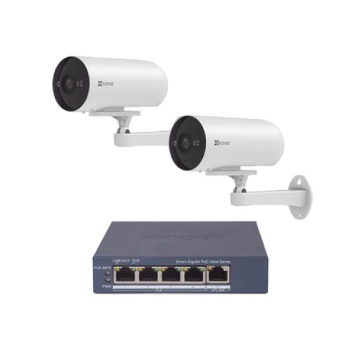 [EZVIZ_CS-H5/3MP/POE/KS2] EZVIZ Kit de cámaras WiFi Para Uso en Exterior / PoE Estandar Af / 2 piezas CS-H5/3MP/ 1 Pieza de Switch DS-3E1505P-EI/M / Vision Nocturna a Color / IP67 / Audio Bidireccional / Luz y Sirena / 4 Puertos 1000 Mbps PoE+ / 1 Puerto 1000 Mbps Uplink