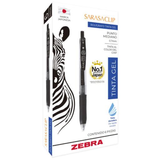 [ZEBRA_808NGRMDC006] Zebra Boligrafo Zebra Sarasa Clip rollerball retractil punto mediano 0.7 tinta gel color negro caja c/6