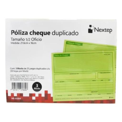 [NEXTEP_NE-038H] Nextep Poliza Cheque Nextep 1/2 Oficio 3 Blocks 25 Juegos Duplicados CU