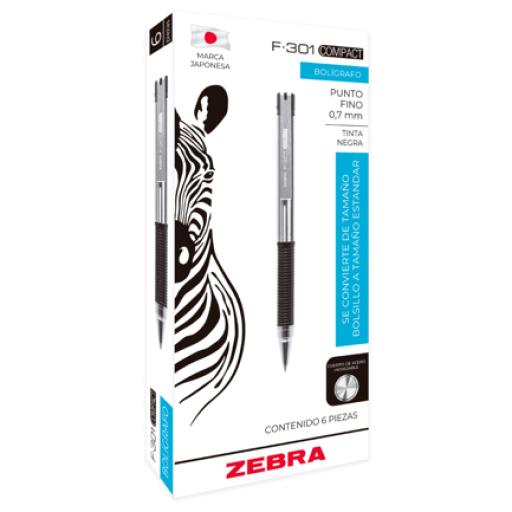 [ZEBRA_7000/6] Zebra Bolígrafo Zebra F-301 Retráctil Metálico Punto Fino 0.7mm Color Negro C/6 Pzas