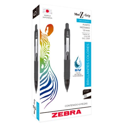 [ZEBRA_7907-00/6] Zebra Bolígrafo Zebra Mini Z-Grip Retráctil Punto Mediano 1.0mm Color Negro C/6 Pzas
